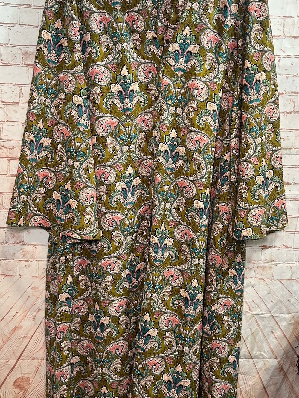 Traffic People Cinch Olive Paisley Midi Button Down Dress Tie Belt Kimono Duster - Picture 2 of 9
